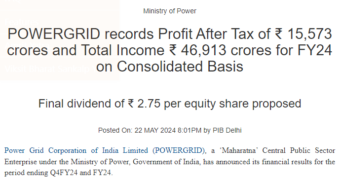 POWERGRID records Profit After Tax of ₹ 15,573 crores and Total Income ₹ 46,913 crores for FY24 on Consolidated Basis